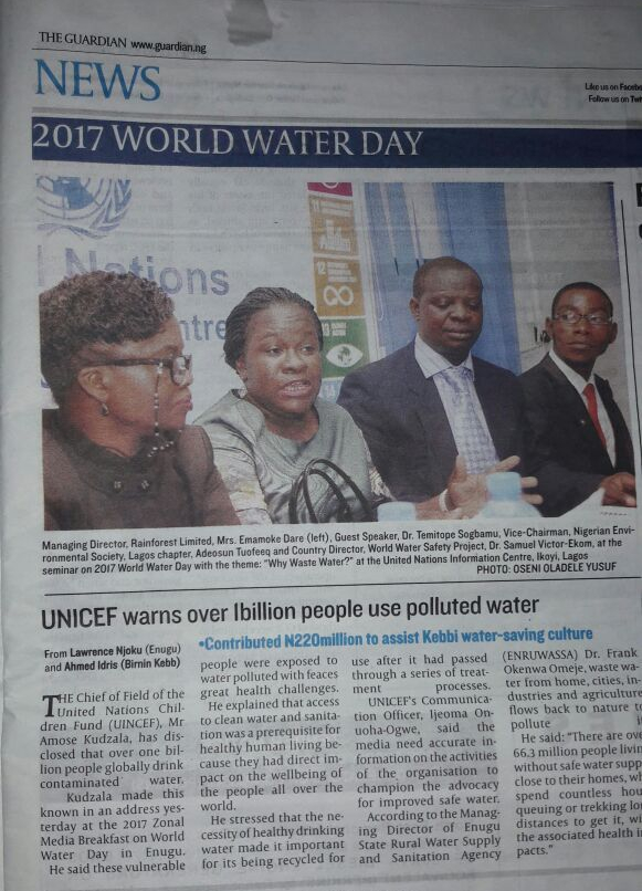 Newspaper photonews of World Water Day Public lecture by TO Sogbanmu